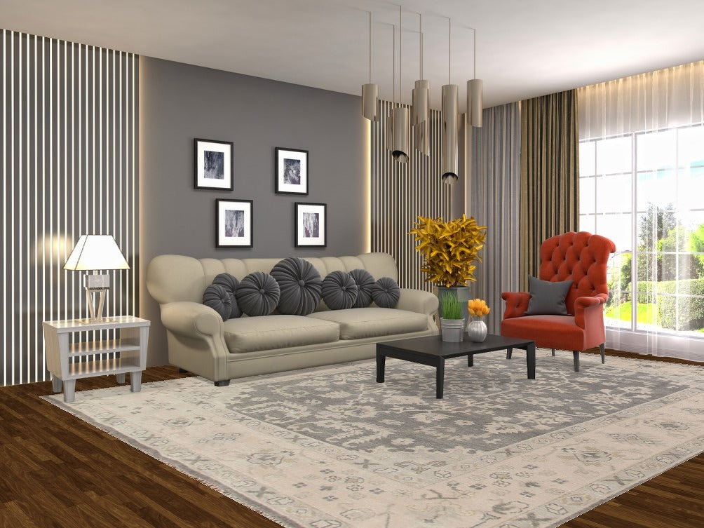 Floral Gray Oushak Living Room Area Rug 9x12