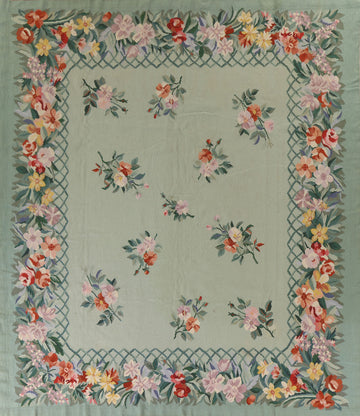 Square Green Needlepoint Living Room Rug 10x10