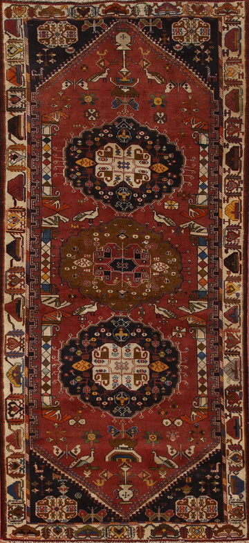 Animal Pictorial Shiraz Kashkoli Persian Runner Rug 4x10