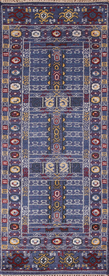 Blue Geometric Kazak Indian Runner Rug 3x8