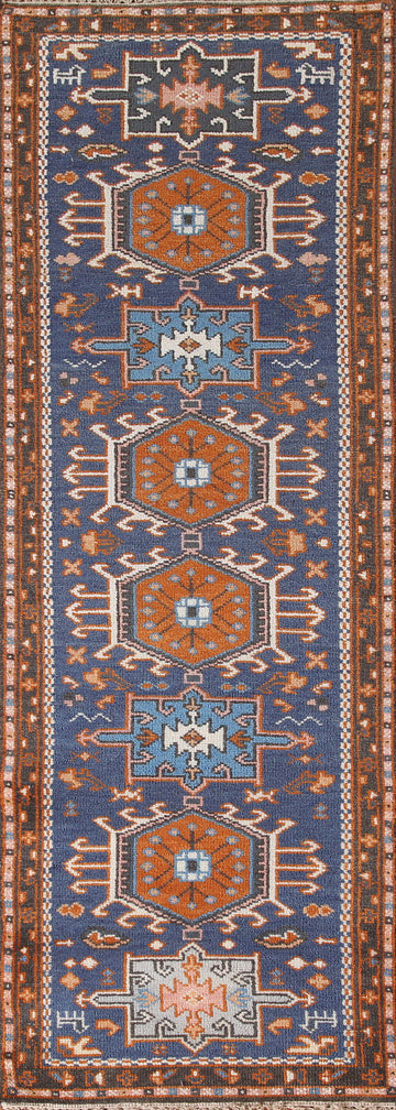 Geometric Blue Kazak Indian Runner Rug 3x10