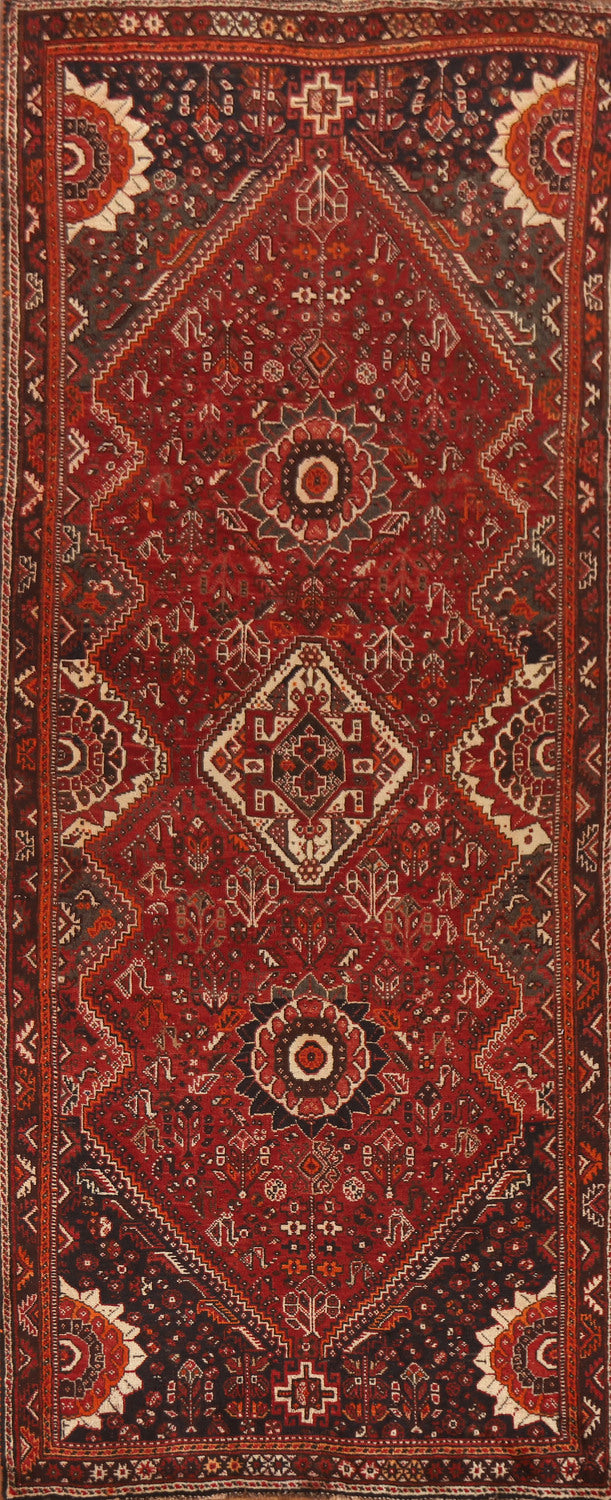 Tribal Red Wool Qashqai Persian Runner Rug 4x10