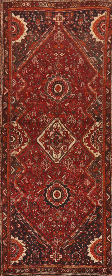 Tribal Red Wool Qashqai Persian Runner Rug 4x10