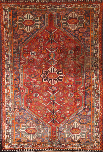 Vintage Geometric Shiraz Persian Rug 4x6