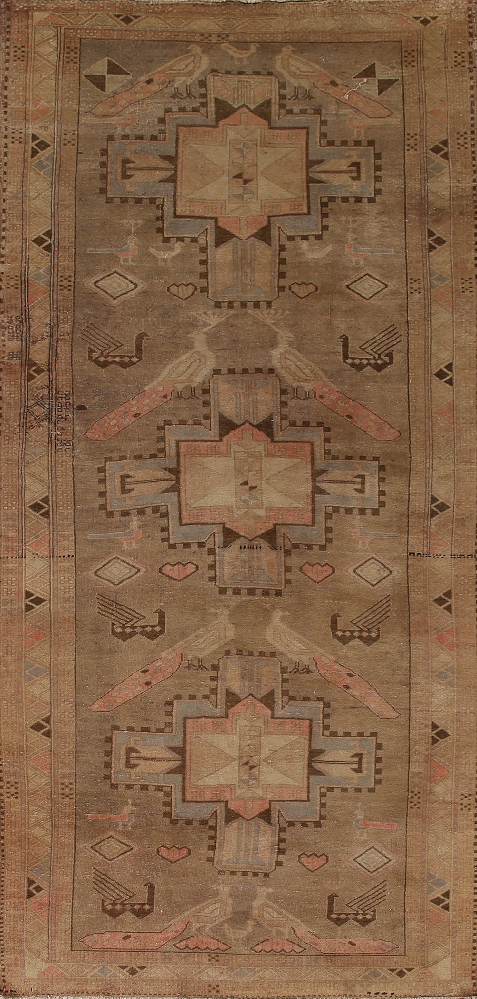 Tribal Animals Brown Ardebil Persian Runner Rug 4x11