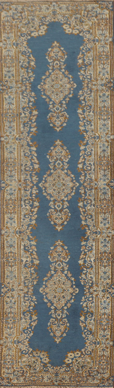 Light Blue Floral Kerman Persian Runner Rug 2x10