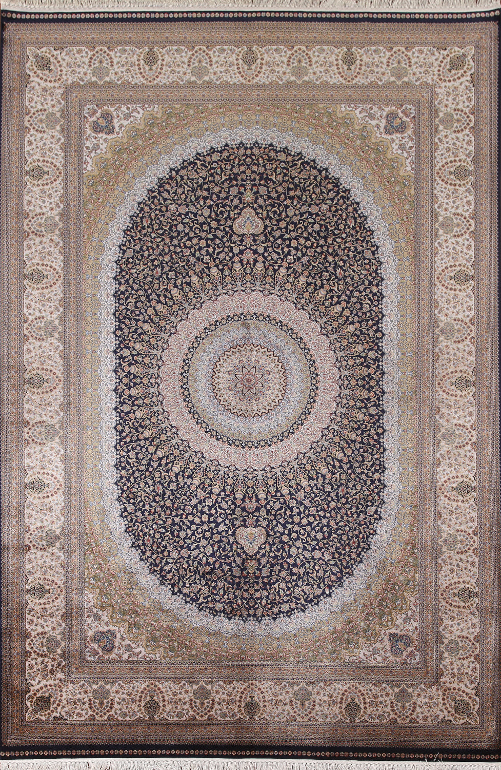 Navy Blue Floral Qum Traditional Rug 7x10