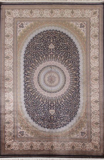 Navy Blue Floral Qum Traditional Rug 7x10
