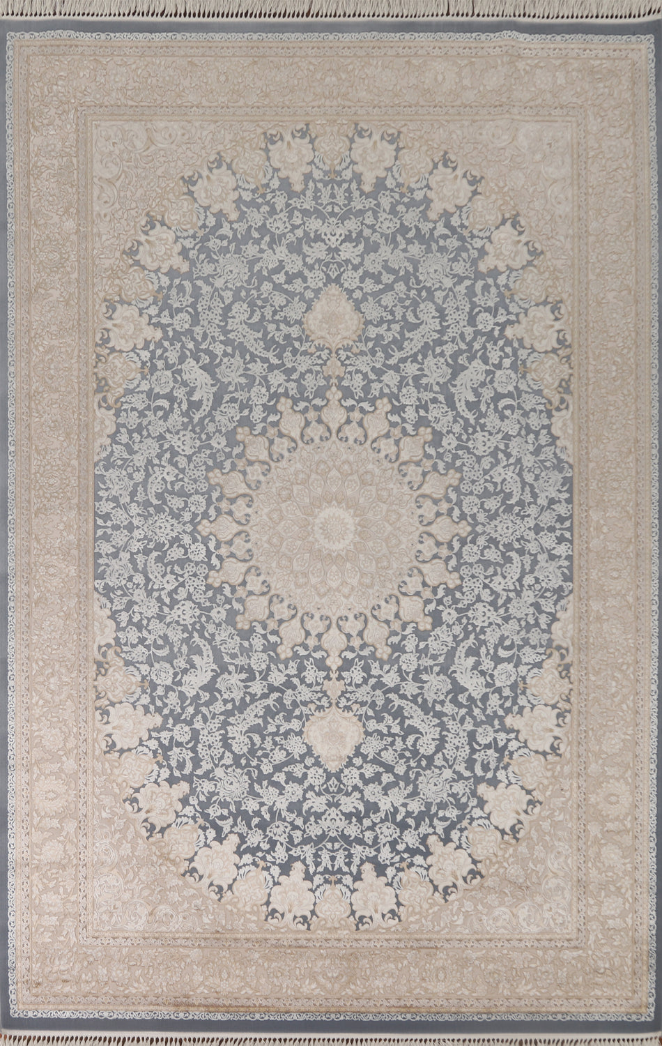 Traditional Blue Floral Qum Turkish Area Rug 7x10