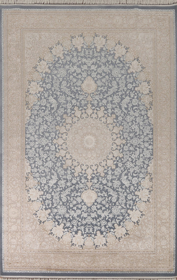 Traditional Blue Floral Qum Turkish Area Rug 7x10