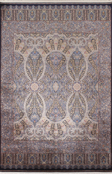 Traditional Blue Floral Qum Turkish Area Rug 7x10