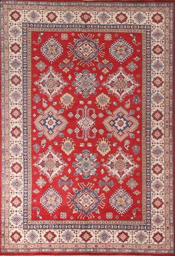 Red Geometric Kazak Oriental Area Rug 7x10