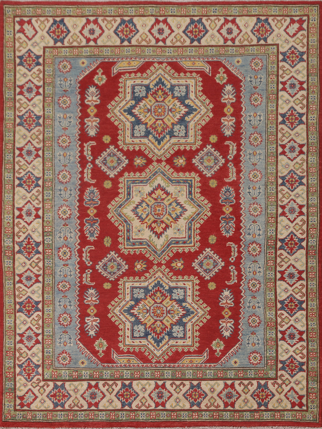 Geometric Red Kazak Handmade Rug 5x7
