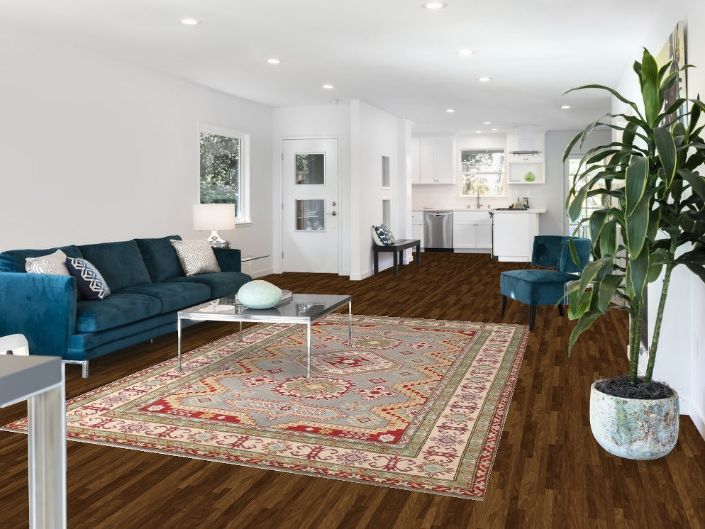 Gray Geometric Kazak Oriental Area Rug 7x10