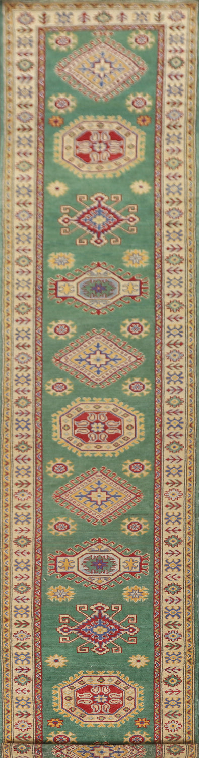 Handmade Green Kazak Oriental Runner Rug 3x16