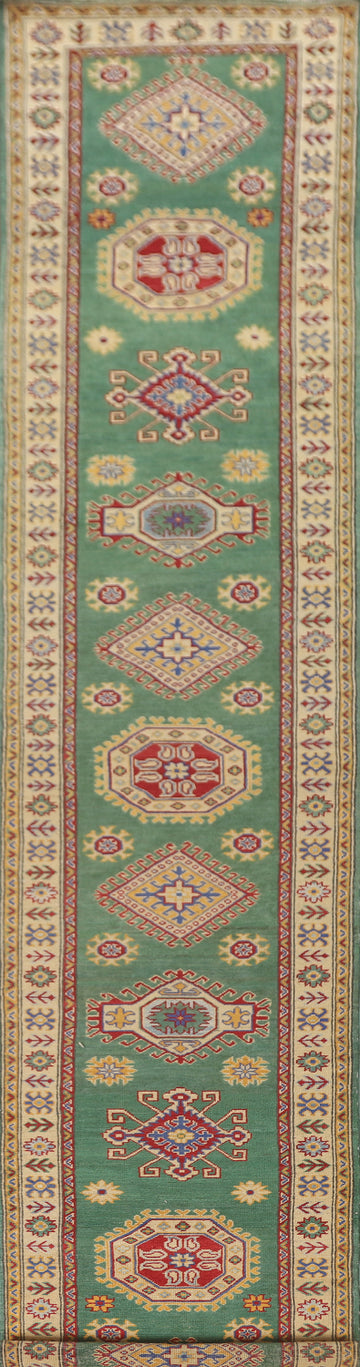 Handmade Green Kazak Oriental Runner Rug 3x16