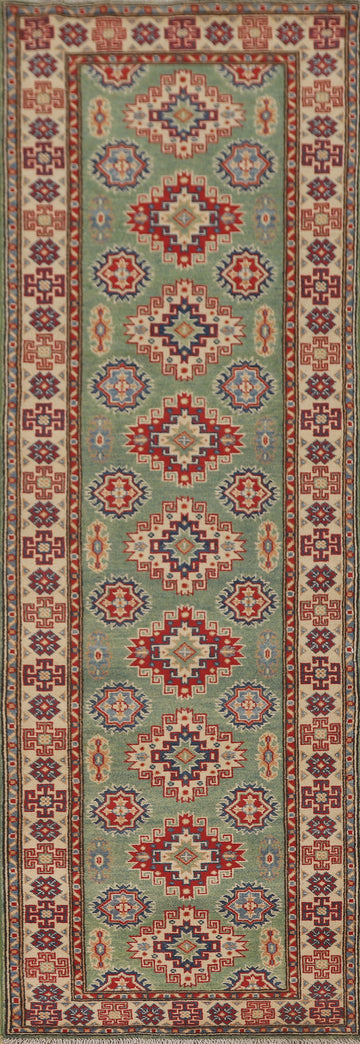 Green Wool Kazak Oriental Runner Rug 3x10