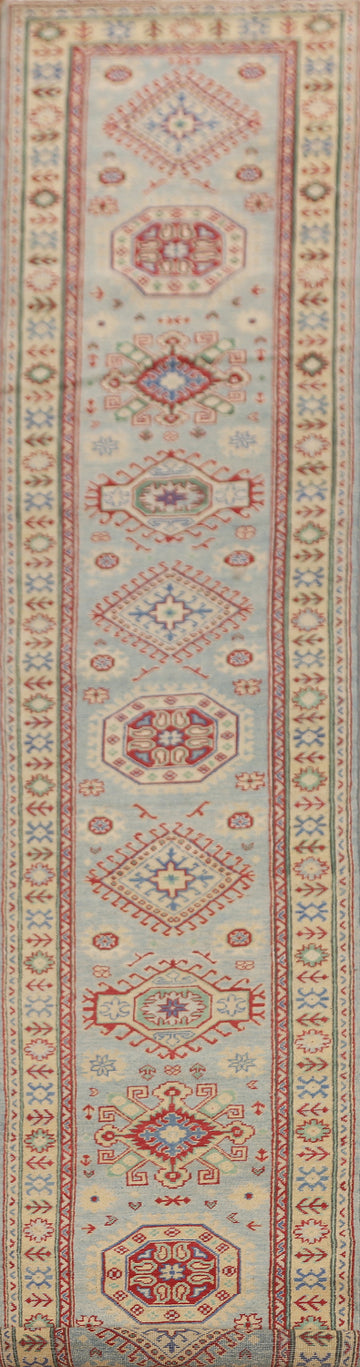 Light Blue Kazak Oriental Runner Rug 3x15