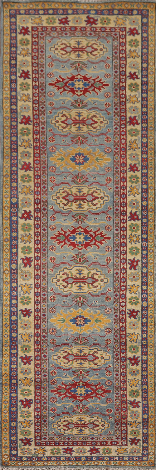 Light Blue Kazak Oriental Runner Rug 3x9