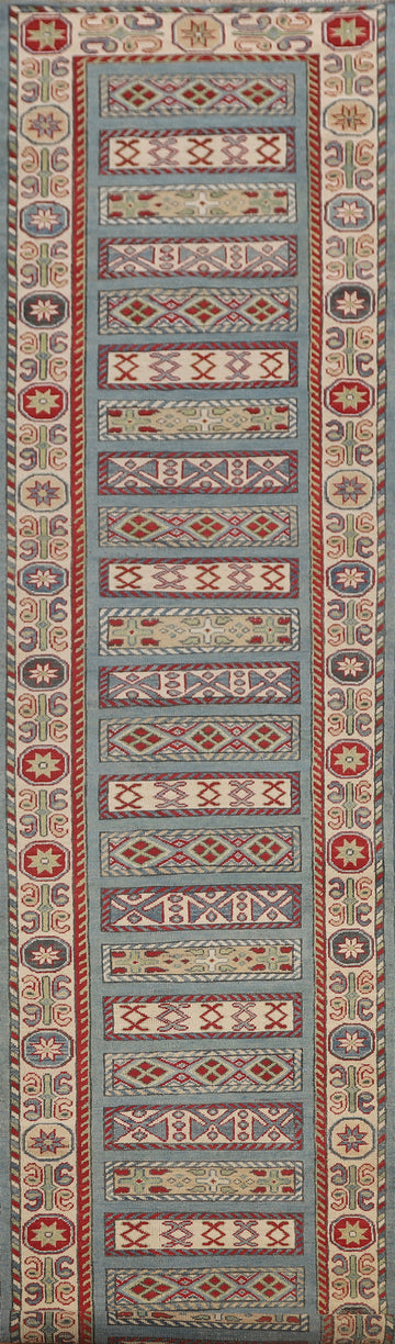 Blue Geometric Kazak Oriental Runner Rug 3x16