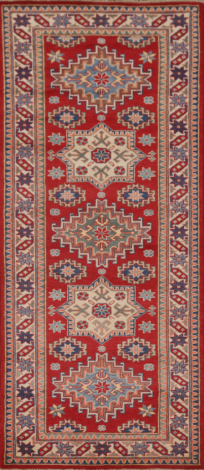 Geometric Red Kazak Oriental Runner Rug 3x8