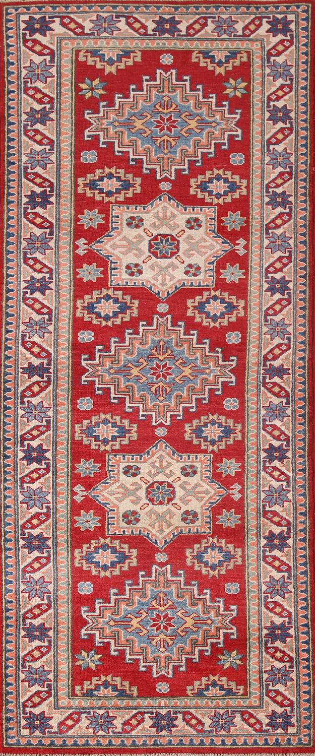 Red Handmade Kazak Oriental Runner Rug 3x8