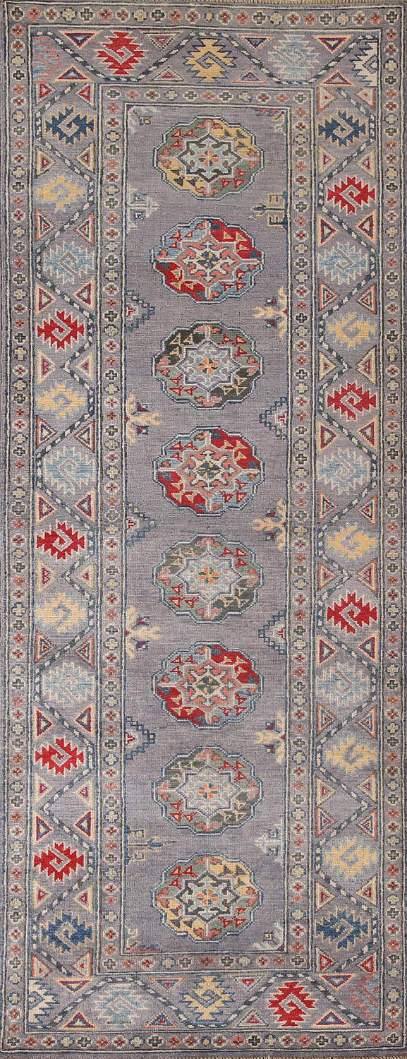 Geometric Gray Kazak Oriental Runner Rug 3x8