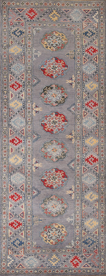 Geometric Gray Kazak Oriental Runner Rug 3x8