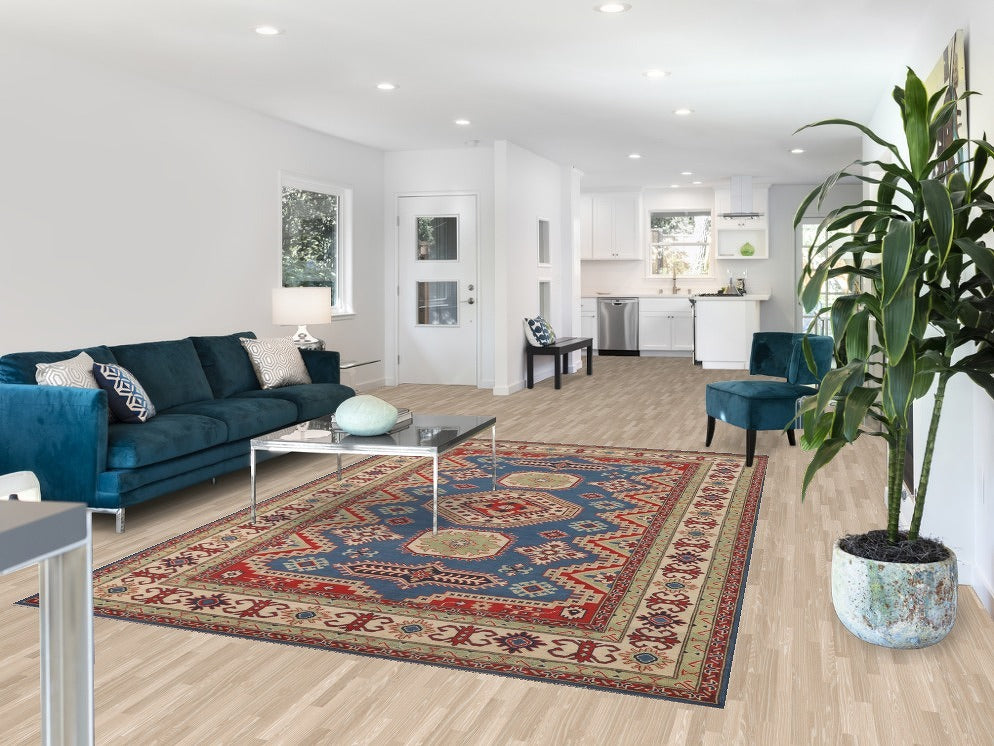Blue Geometric Kazak Oriental Area Rug 7x10