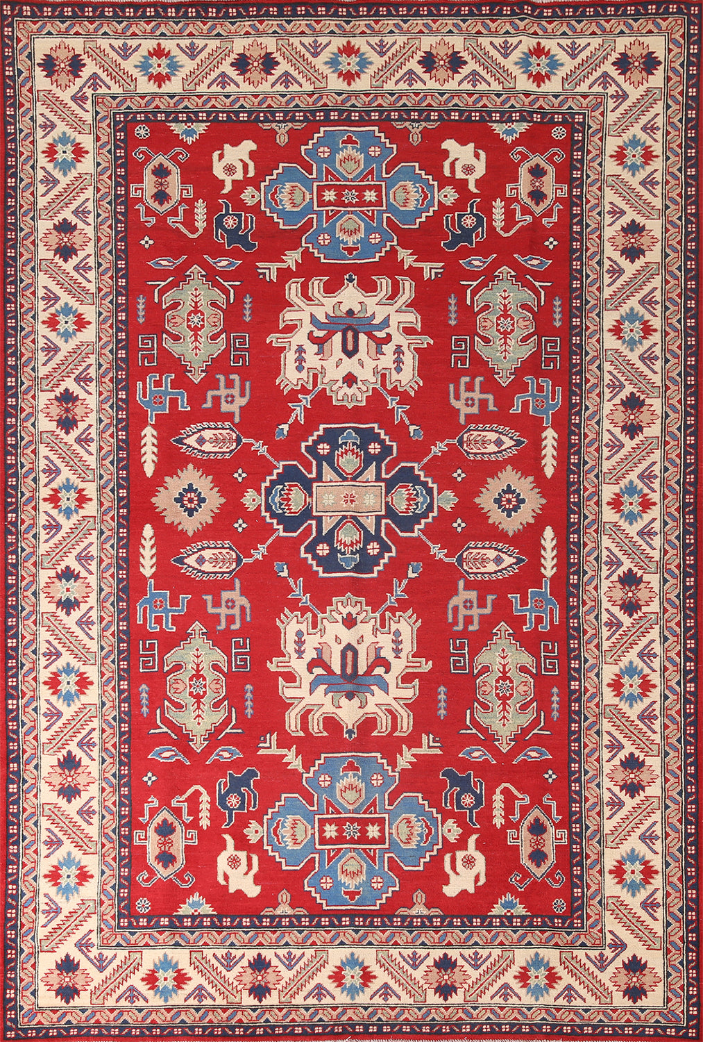 Red Geometric Kazak Oriental Area Rug 7x10