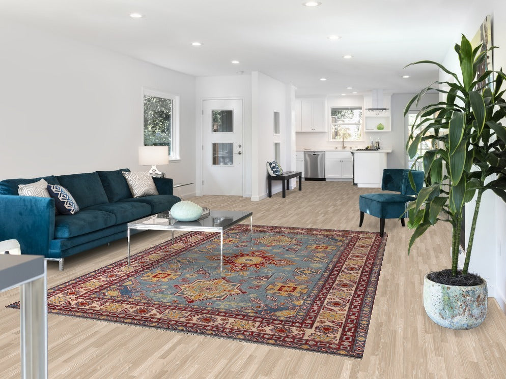 Light Blue Kazak Geometric Area Rug 7x10