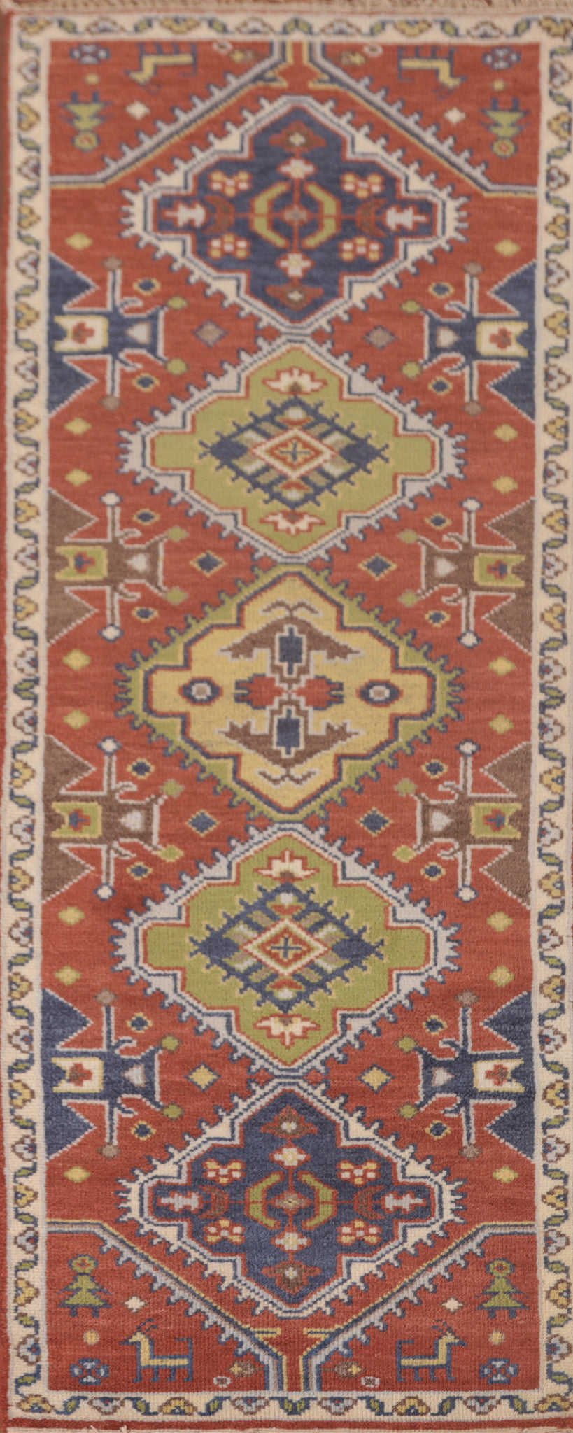 Orange Geometric Kazak Oriental Runner Rug 3x8