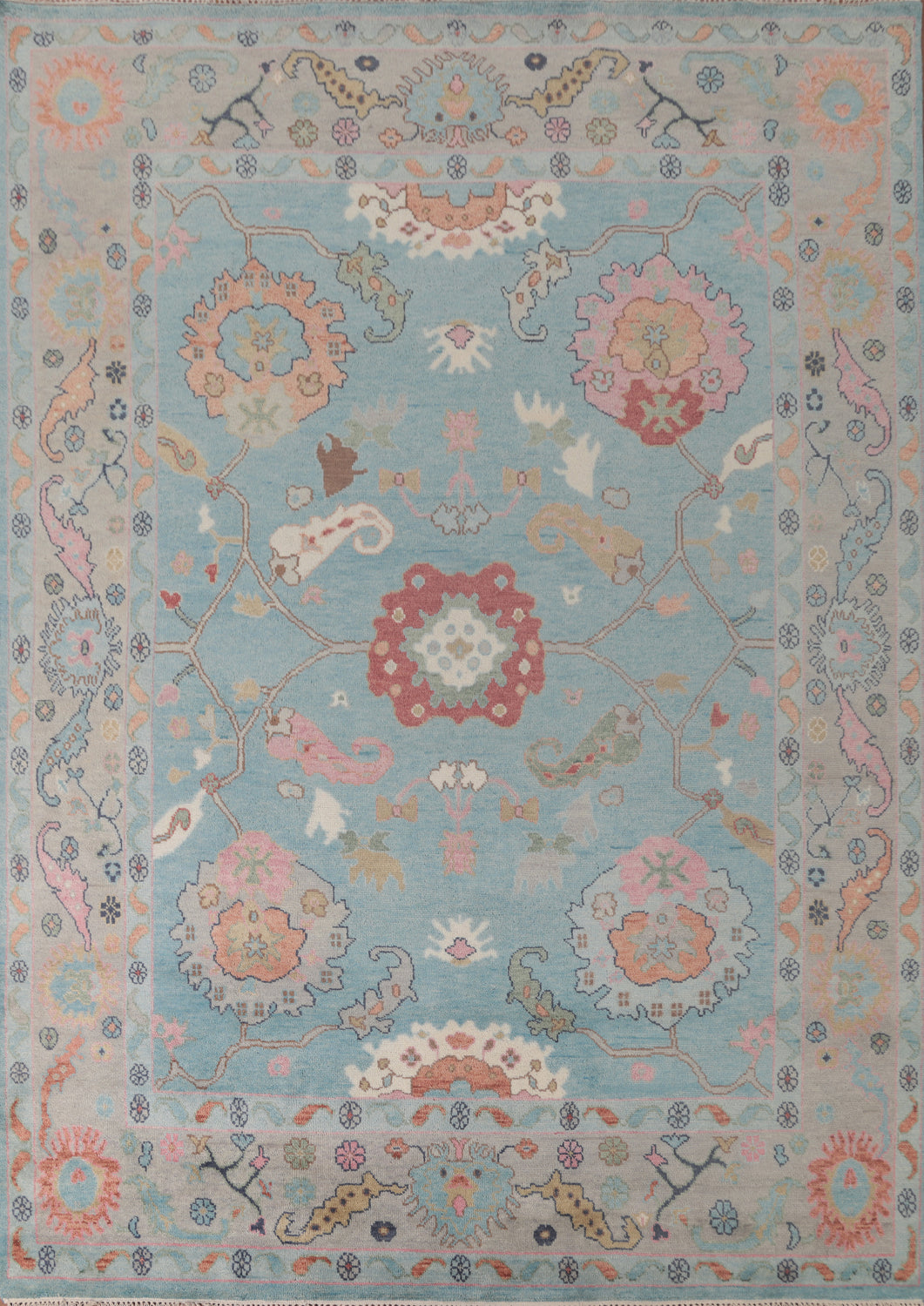 Light Blue Floral Oushak Oriental Area Rug 9x12