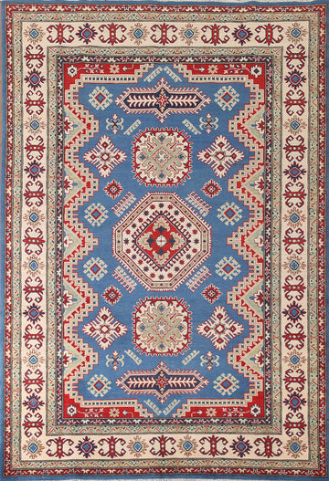Blue Geometric Kazak Oriental Area Rug 7x10