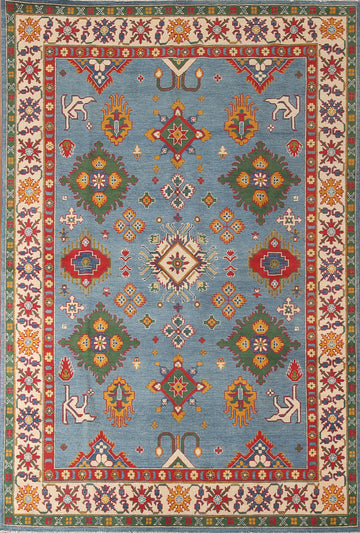 Blue Geometric Kazak Living Room Area Rug 7x10