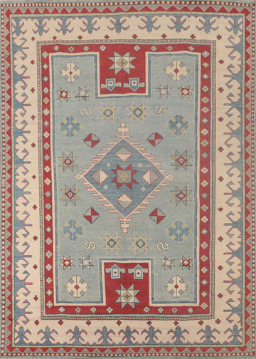 Light Blue Geometric Kazak Oriental Area Rug 7x9