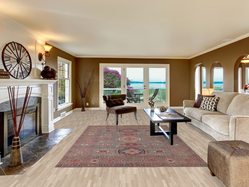 Gray Geometric Kazak Oriental Area Rug 7x10