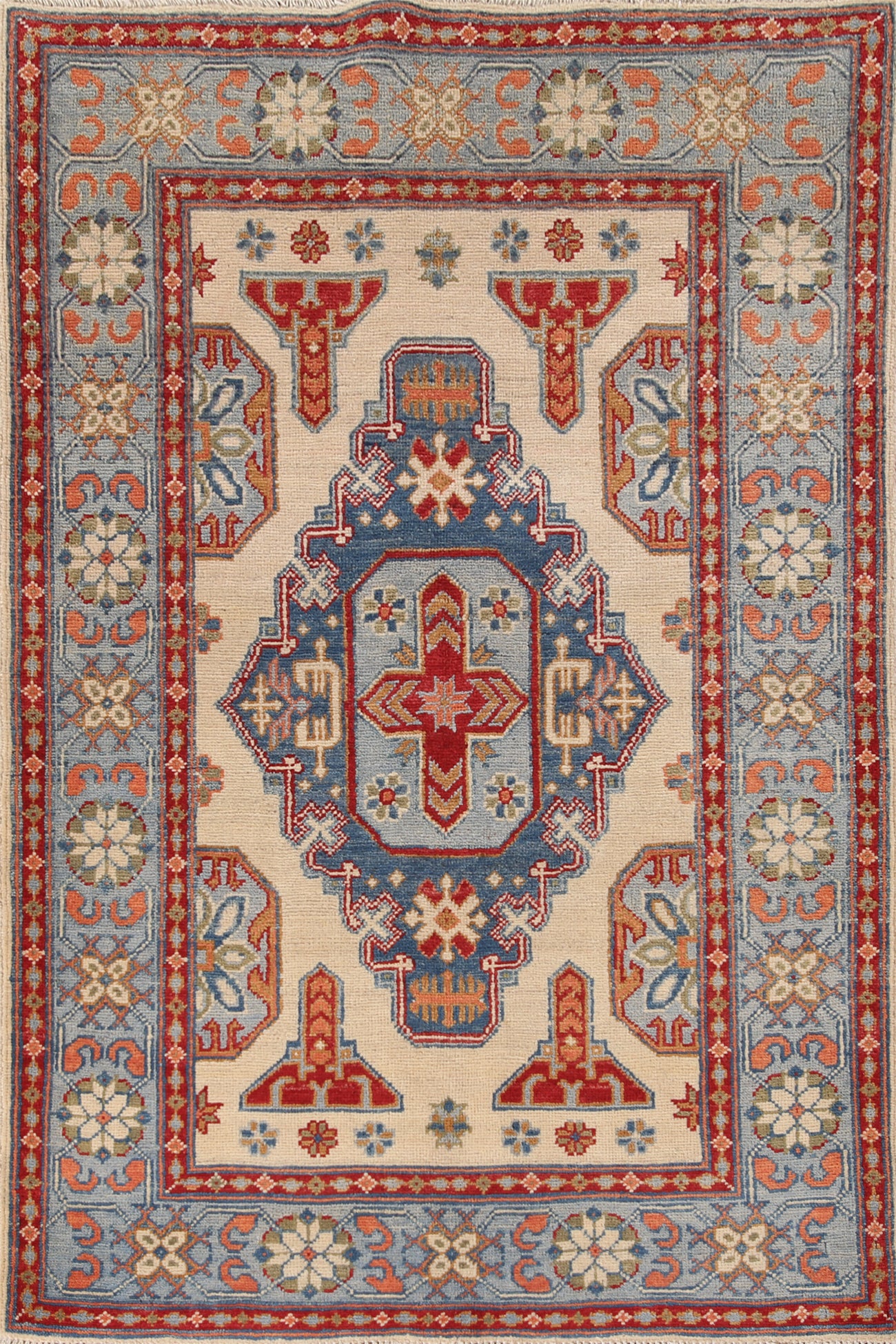 Ivory Wool Geometric Kazak Oriental Rug 3x5