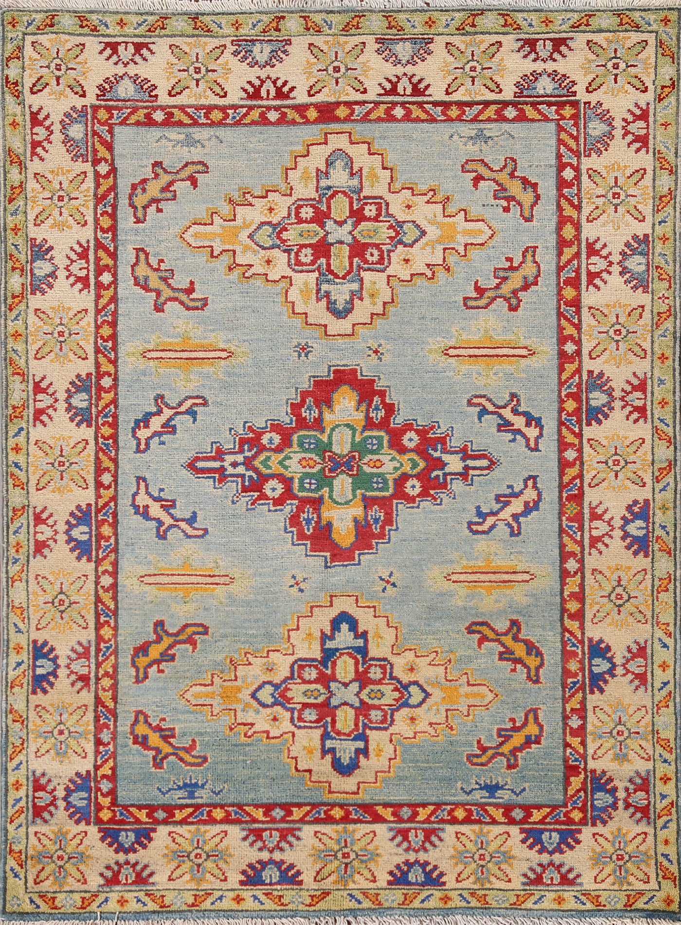 Light Blue Geometric Kazak Oriental Rug 4x5