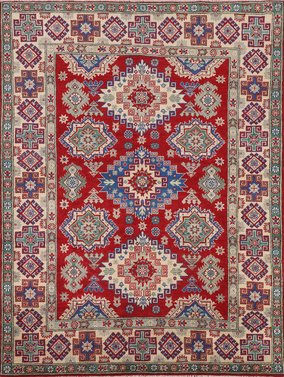 Geometric Red Kazak Oriental Wool Rug 5x7