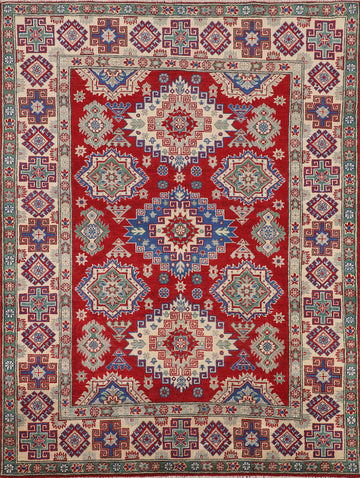 Geometric Red Kazak Oriental Wool Rug 5x7