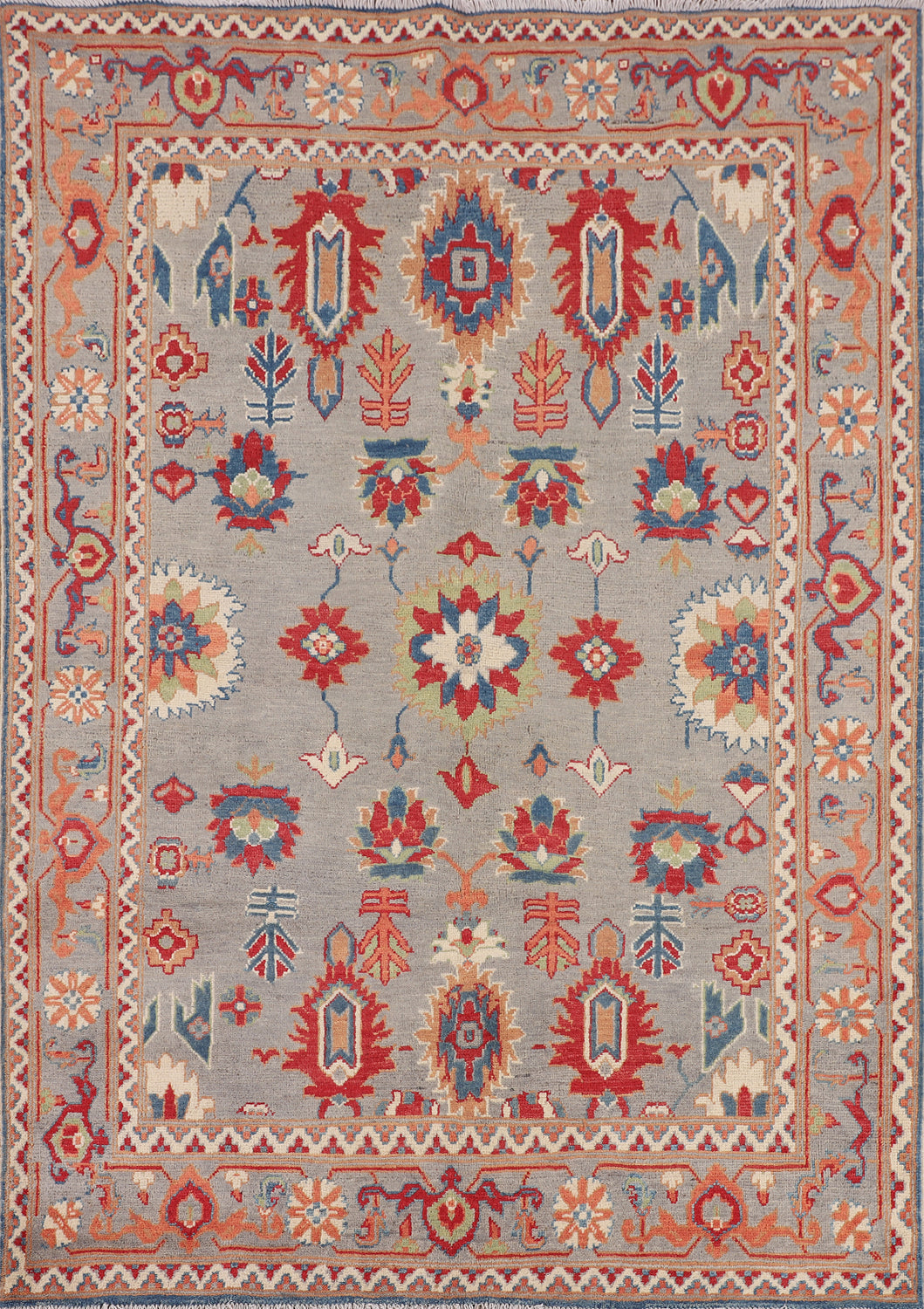 Gray Geometric Wool Kazak Oriental Rug 5x7