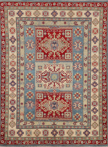 Blue Geometric Kazak Oriental Accent Rug 5x7