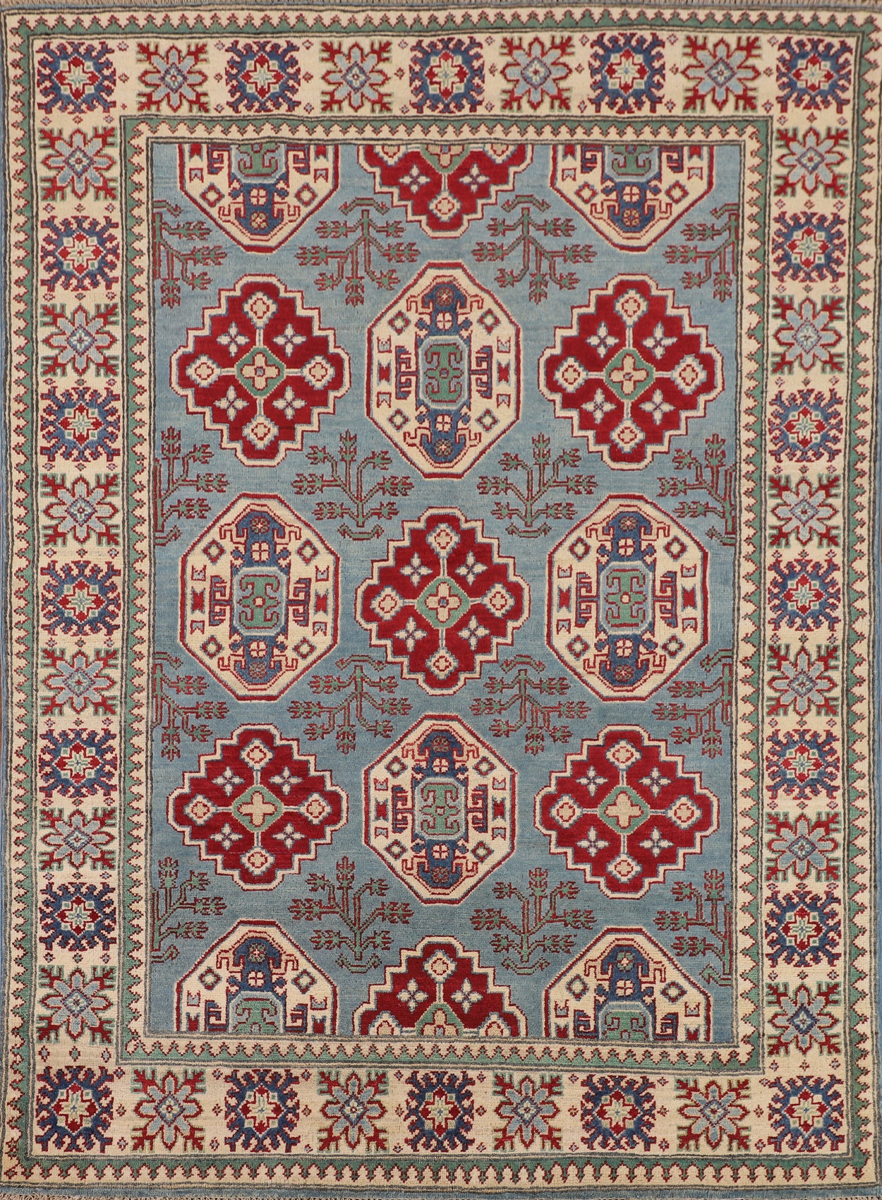 Light Blue Geometric Kazak Oriental Rug 5x7