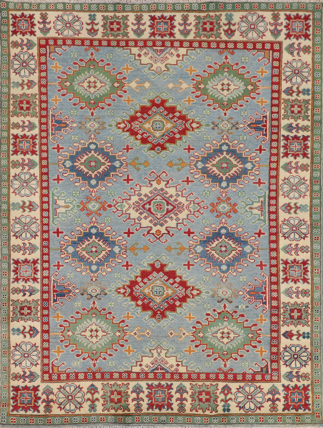 Light Blue Geometric Kazak Oriental Rug 5x7