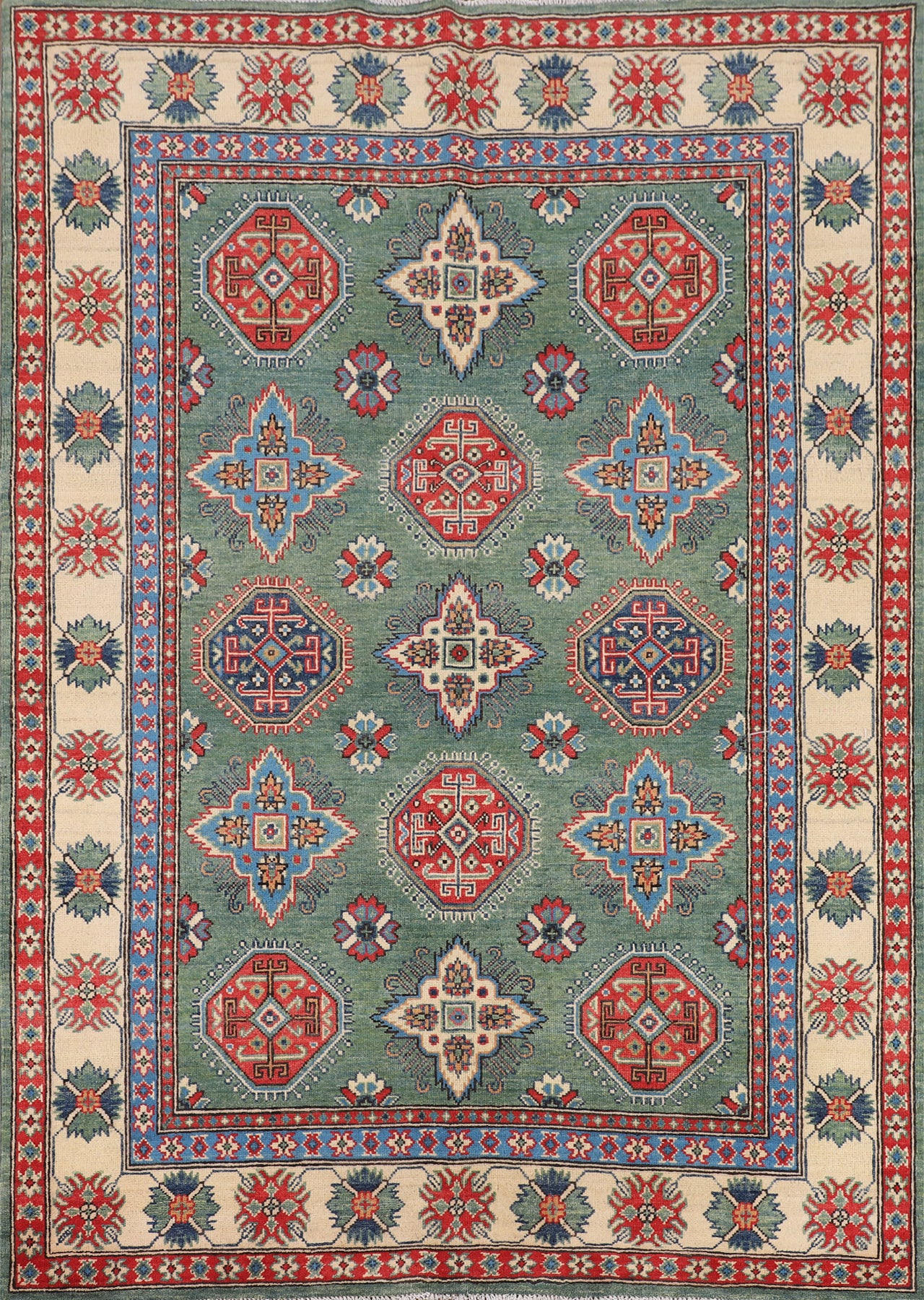 Green Geometric Kazak Oriental Rug 5x7