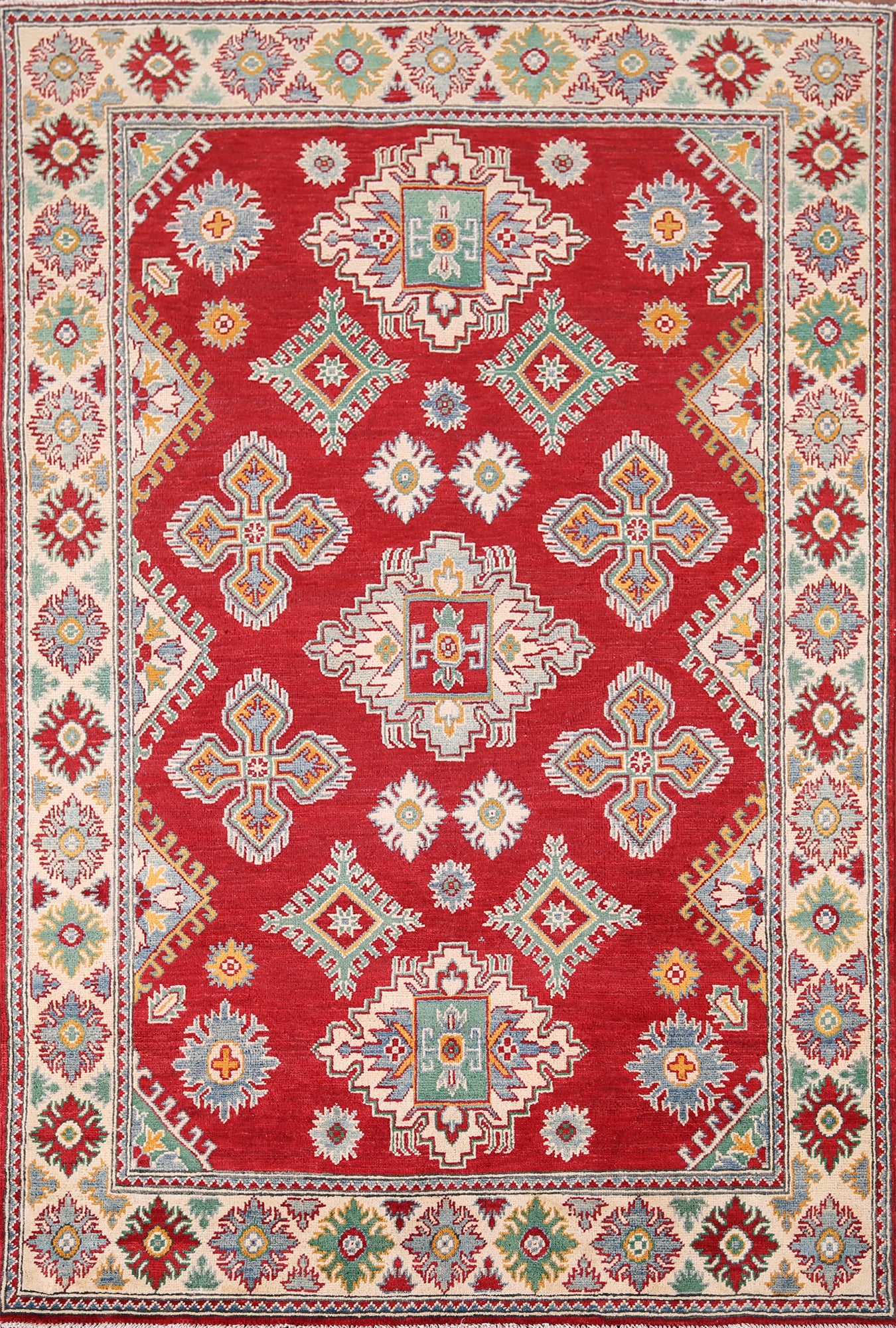 Red Wool Geometric Kazak Oriental Rug 5x7