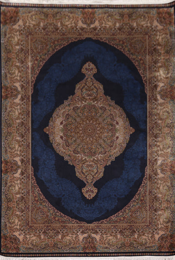 Dark Blue Traditional Qum Turkish Area Rug 5x8