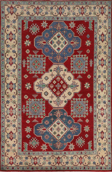 Red Geometric Kazak Oriental Area Rug 6x8