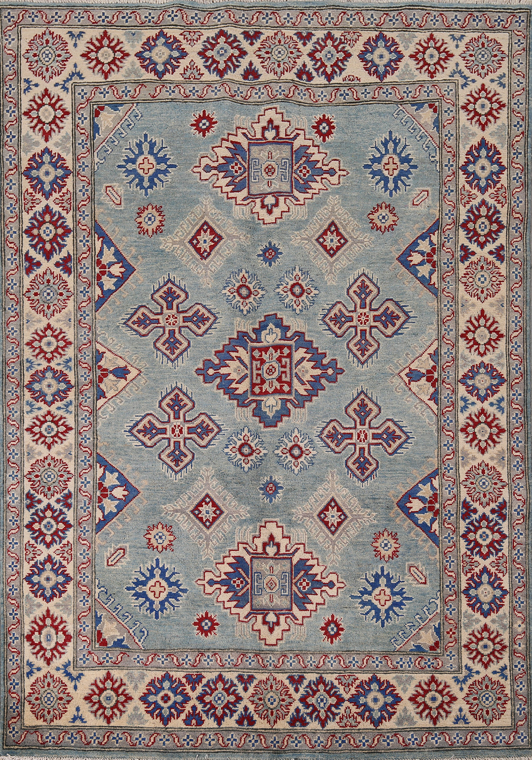 Light Blue Geometric Kazak Oriental Rug 5x7